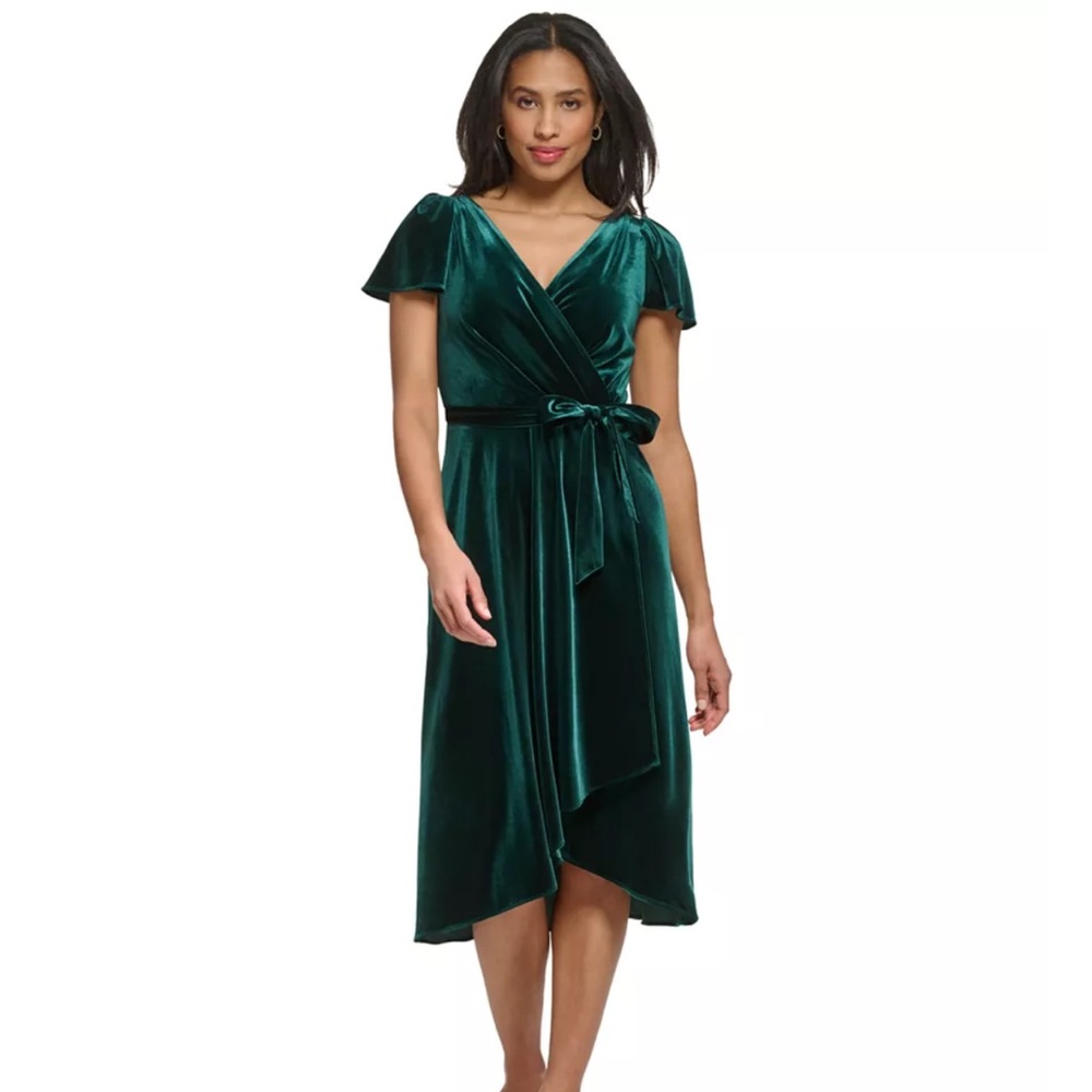 DKNY Velvet V-Neck Flutter-Sleeve Tie-Waist Midi Dress Emerald Green - Size 0